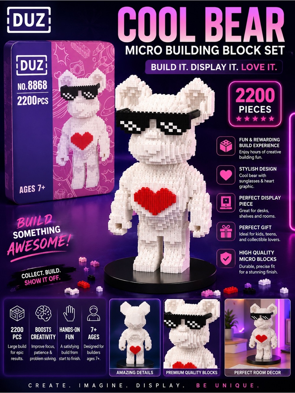 Cool Bear Micro Building Block Set - White with Red Heart